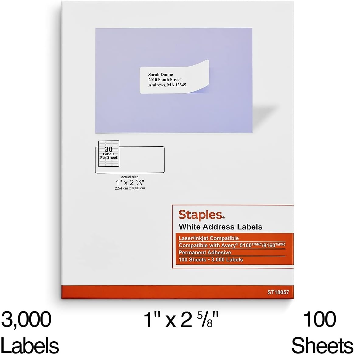 image:imageStaples 1 x 258 Address Labels White EasyPeel Printable Laser amp Inkjet Mailing Labels 30 Labels per Sheet 100Pack3 000 Labels