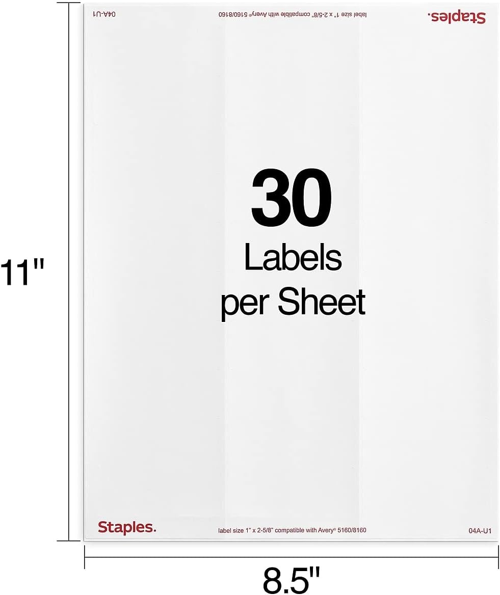 image:imageStaples 1 x 258 Address Labels White EasyPeel Printable Laser amp Inkjet Mailing Labels 30 Labels per Sheet 100Pack30 000 Labels