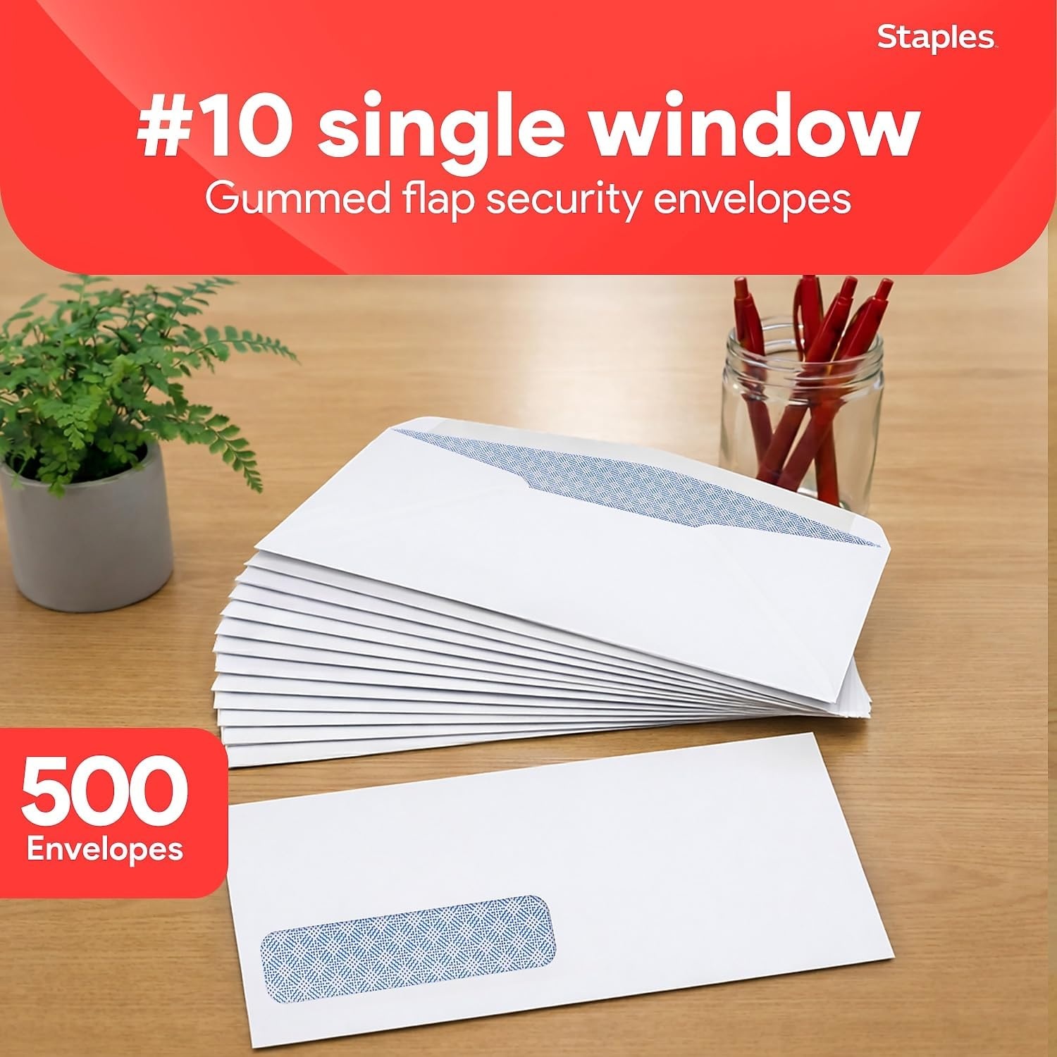 image:imageStaples 10 SecurityTinted Window Business Envelopes White SelfSeal Closure 500Pack