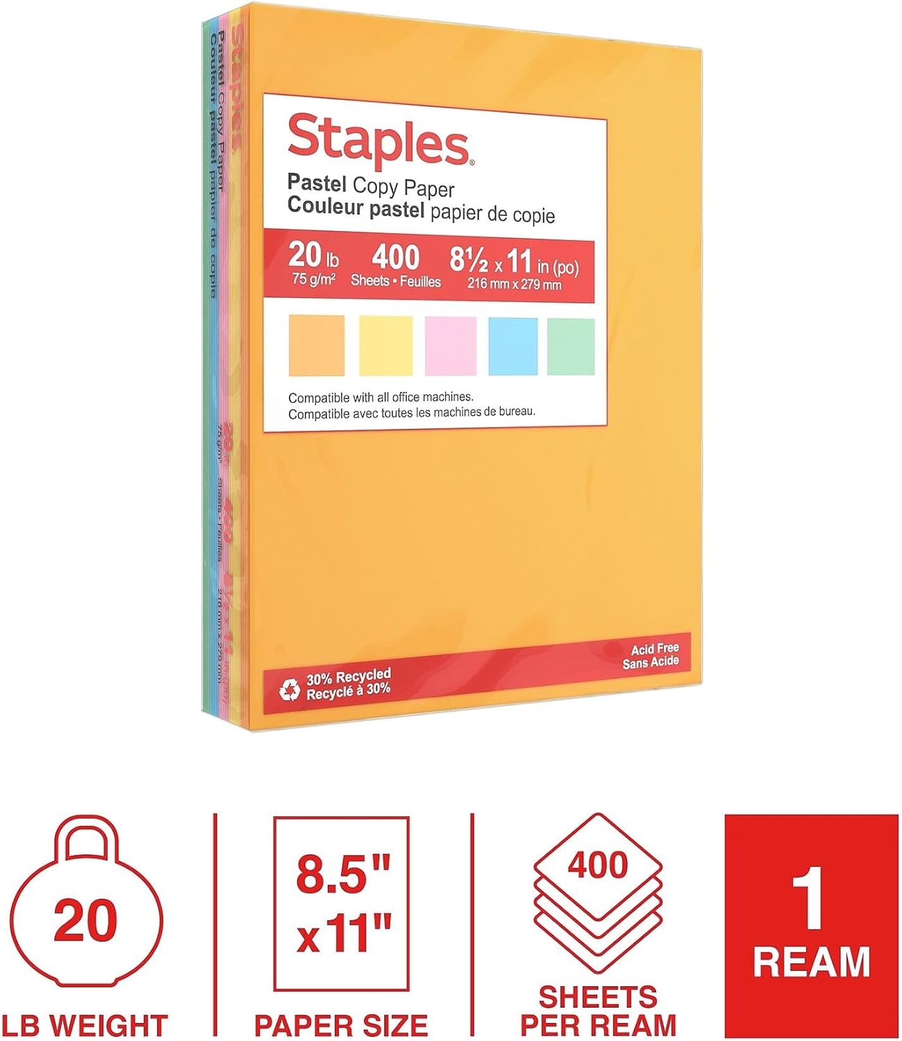 image:imageStaples 30 Recycled 85 x 11 Inch 20 lbs 500Sheets Pack Blue For Office School amp HomeAssorted