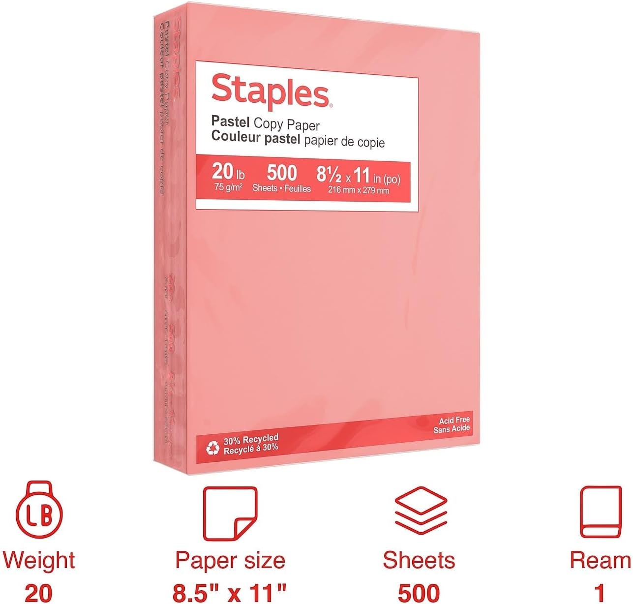 image:imageStaples 30 Recycled 85 x 11 Inch 20 lbs 500Sheets Pack Blue For Office School amp HomeSalmon