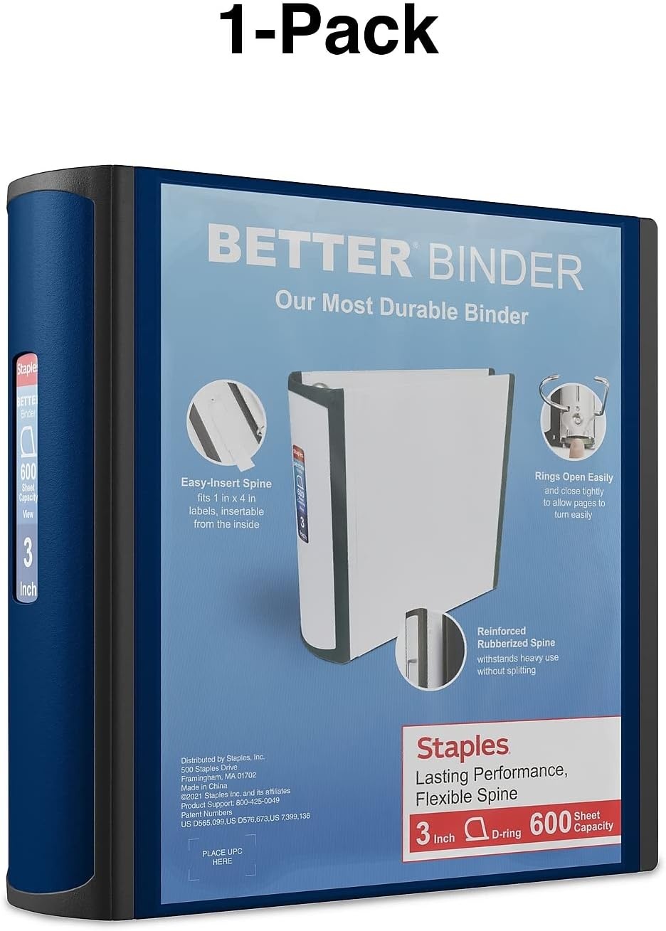 image:imageStaples 3Inch 3Ring Better Binder Durable View Binder for Office amp School Organization Navy Blue 2Pack