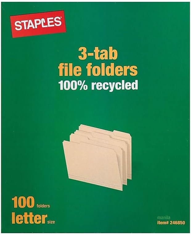 image:imageStaples File Folders Letter Size 13Cut Tabs Assorted Positions Manila Durable Paper Stock 100Pack
