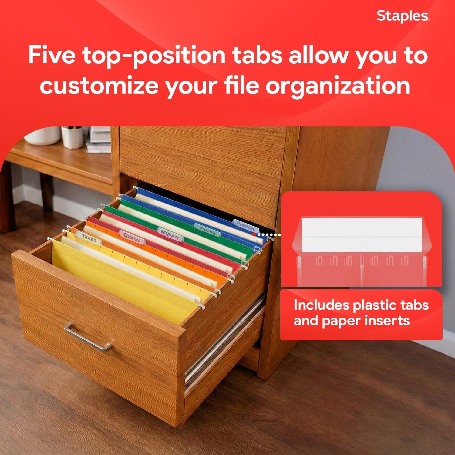 image:imageStaples Hanging File Folders Letter Size 15Cut Tabs Assorted Colors Adjustable Tabs with Paper Inserts 25Pack