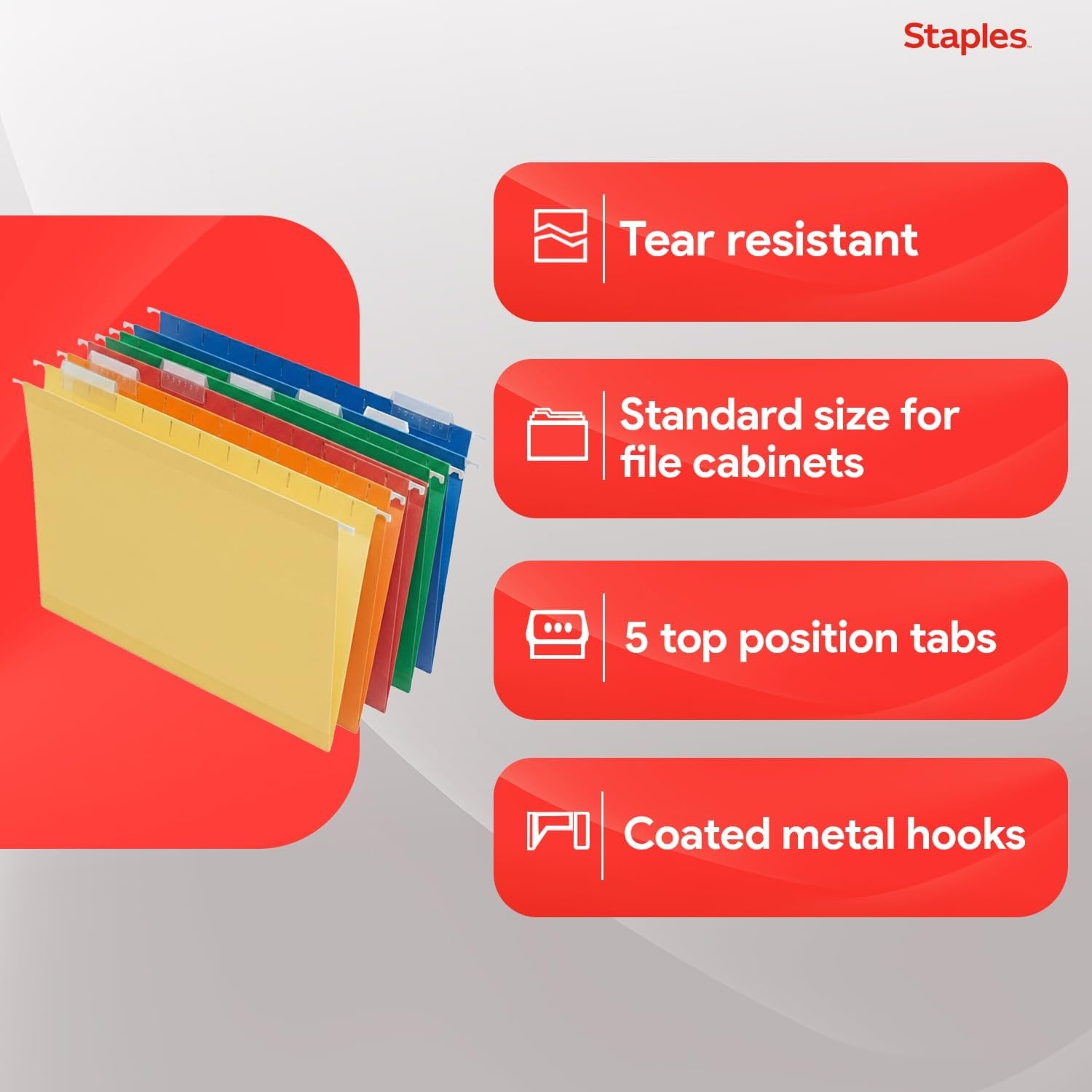 image:imageStaples Hanging File Folders Letter Size 15Cut Tabs Assorted Colors Adjustable Tabs with Paper Inserts 25Pack
