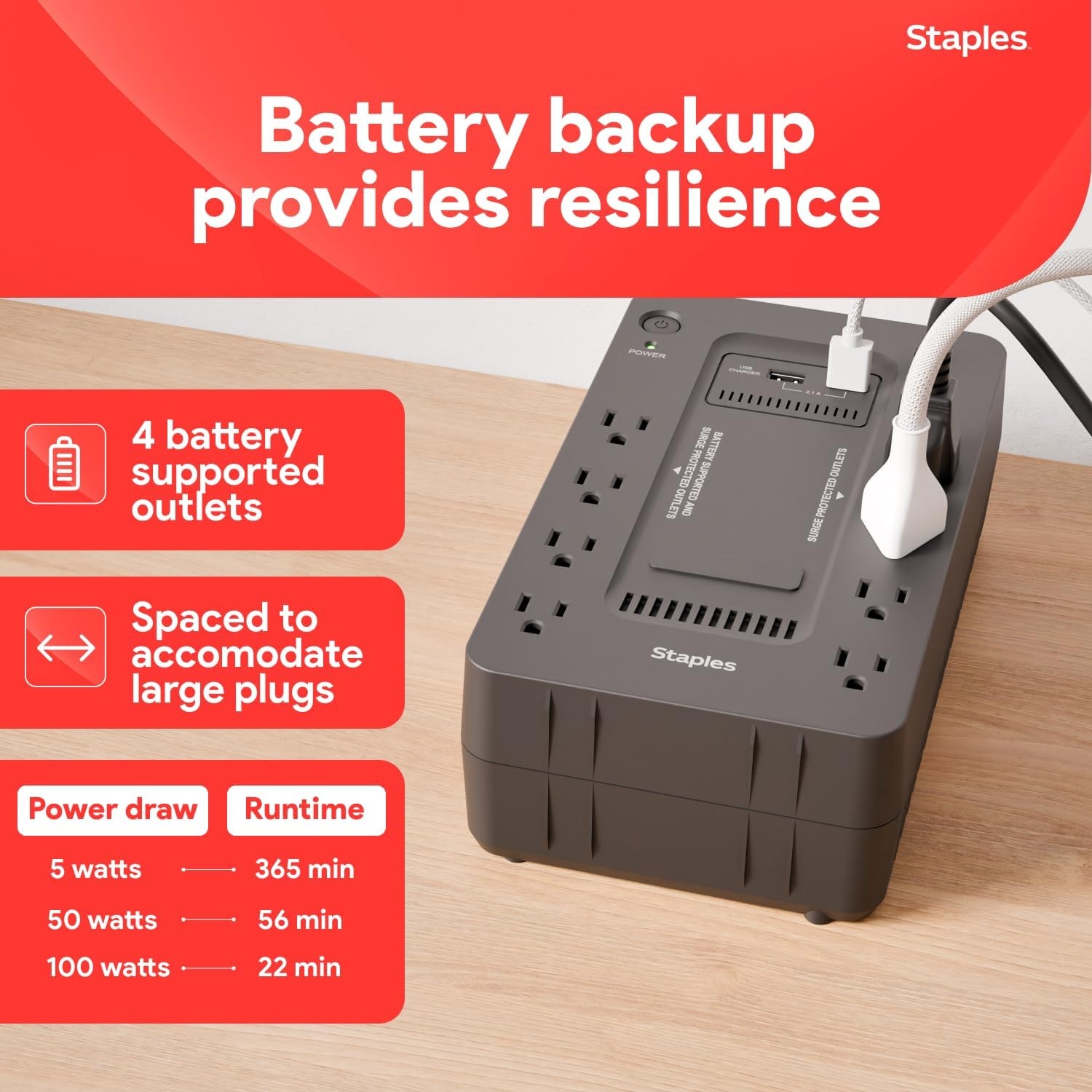 image:imageStaples TECH 650VA UPS Battery Backup with 8 Outlets Standby Power Supply amp Surge Protection for Computers Routers amp Home Office Electronics Black