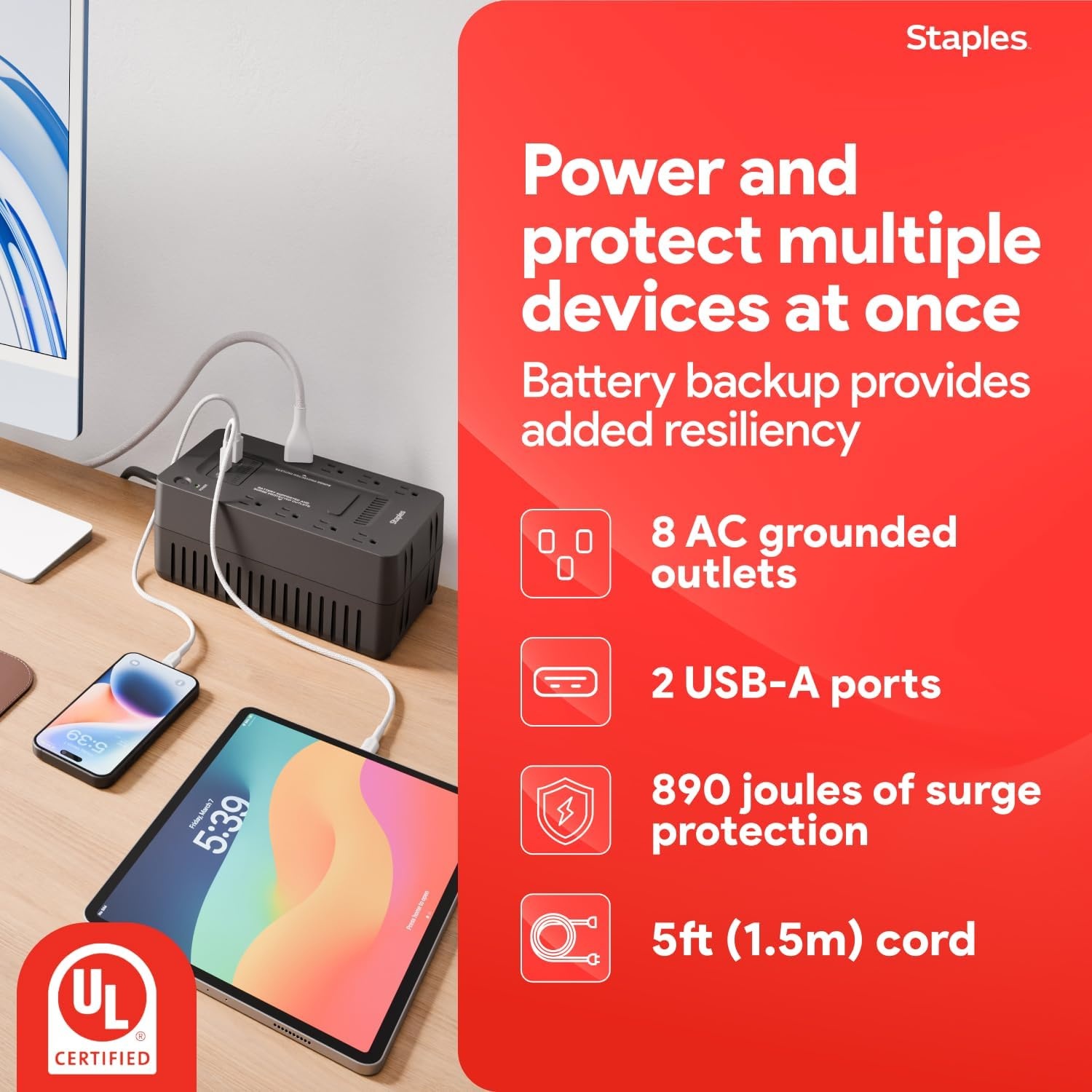 image:imageStaples TECH 650VA UPS Battery Backup with 8 Outlets Standby Power Supply amp Surge Protection for Computers Routers amp Home Office Electronics Black