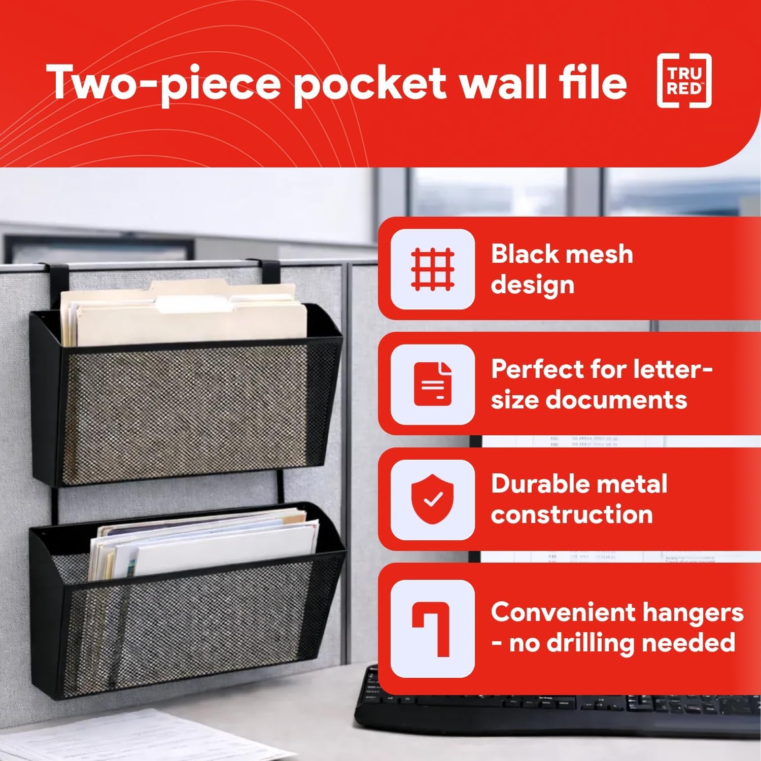 image:imageStaples TRU RED Mesh Letter Wall File 1 Pocket Black Wall Mounted File Organizer for Mail Documents and Quick Access Storage2 Pack