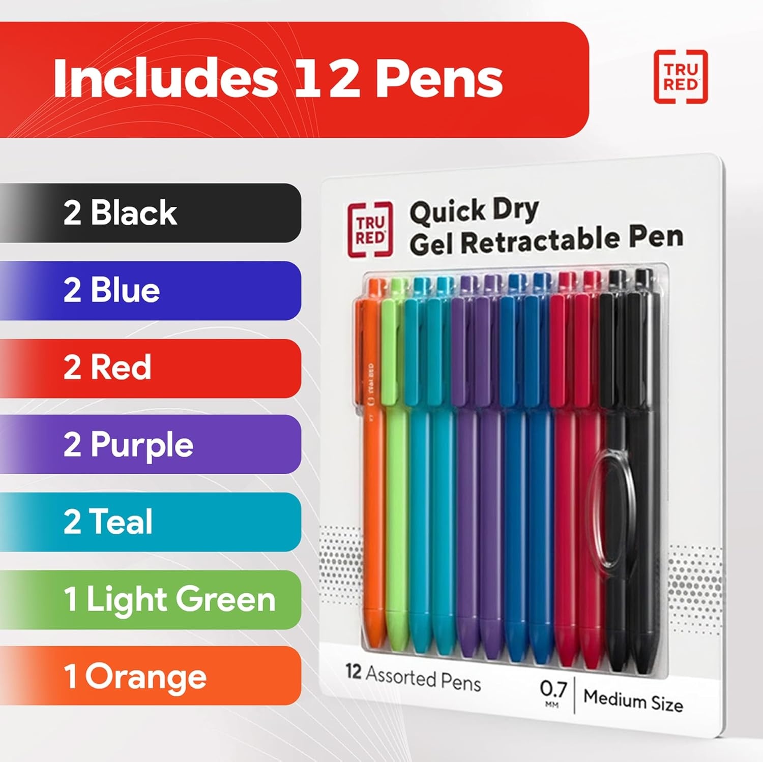 image:imageTRU RED Retractable Gel Pens Medium Point 07mm Black Ink 12 Pack QuickDry Pens for NoSmear Notes amp Office WritingAssorted