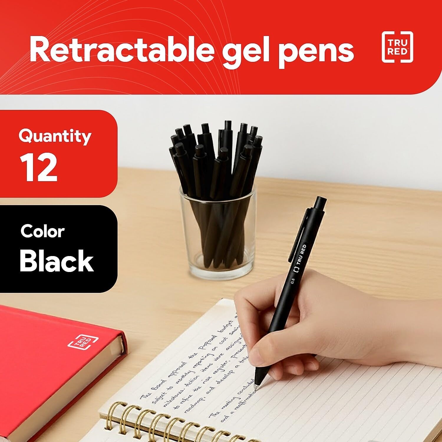 image:imageTRU RED Retractable Gel Pens Medium Point 07mm Black Ink 12 Pack QuickDry Pens for NoSmear Notes amp Office WritingBlack