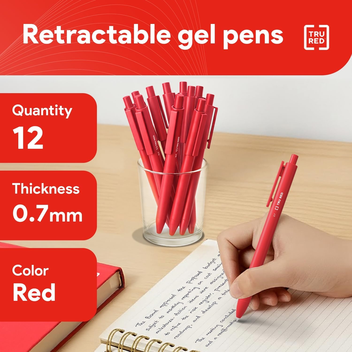 image:imageTRU RED Retractable Gel Pens Medium Point 07mm Black Ink 12 Pack QuickDry Pens for NoSmear Notes amp Office WritingRed