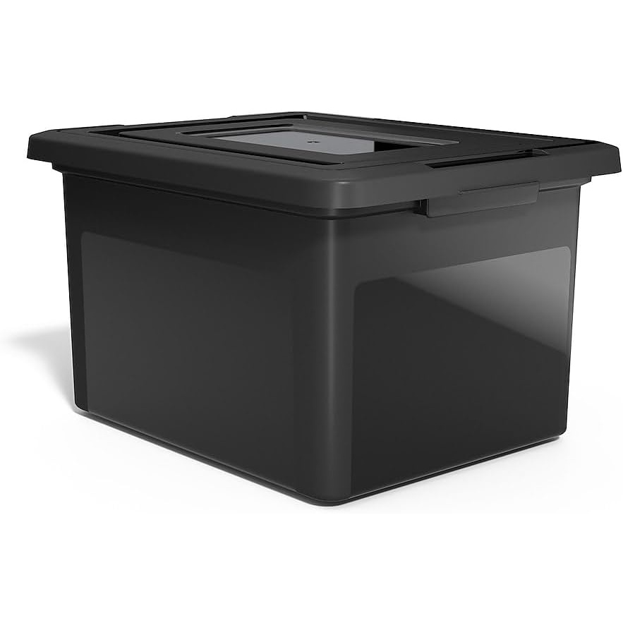 image:imageSTAPLES File Folder Tote Portable Filing Box for Letter SIze Hanging Folders Security Latch amp BuiltIn Lid Organizer BlackClearBlack