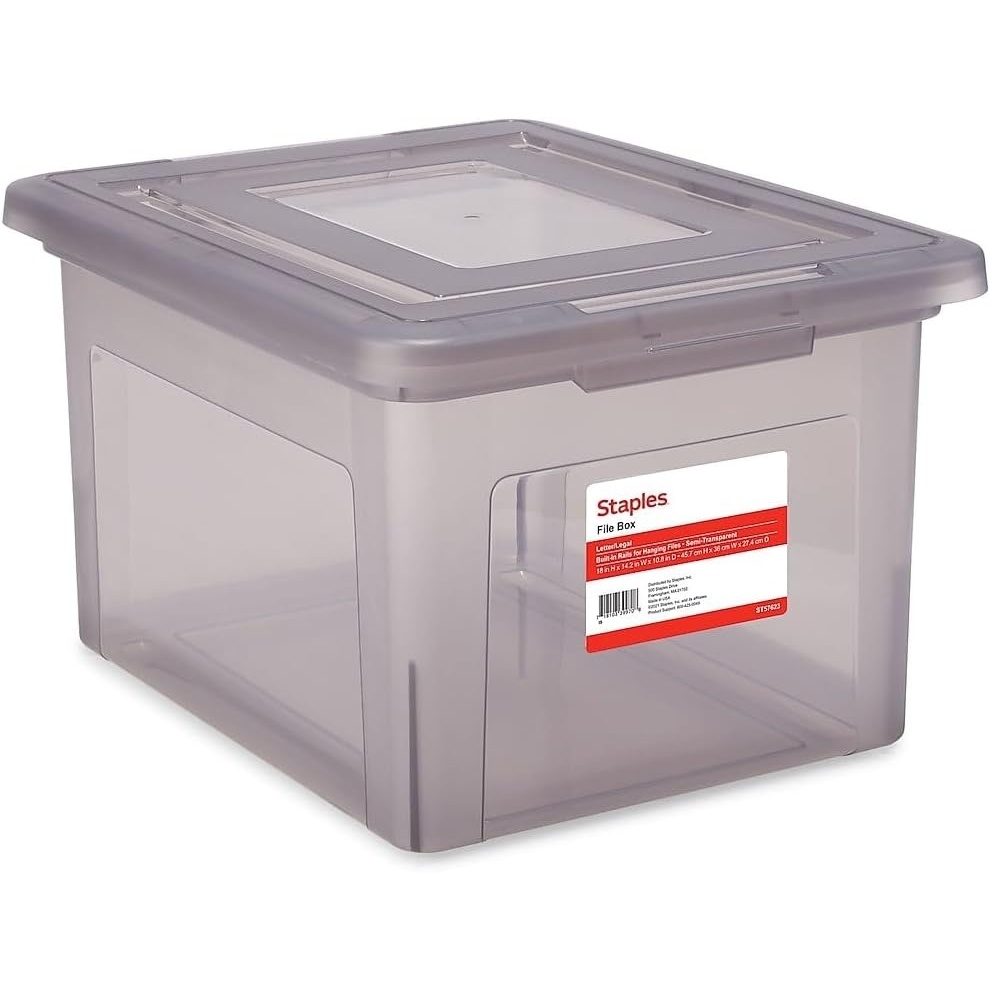 image:imageSTAPLES File Folder Tote Portable Filing Box for Letter SIze Hanging Folders Security Latch amp BuiltIn Lid Organizer BlackClearGray