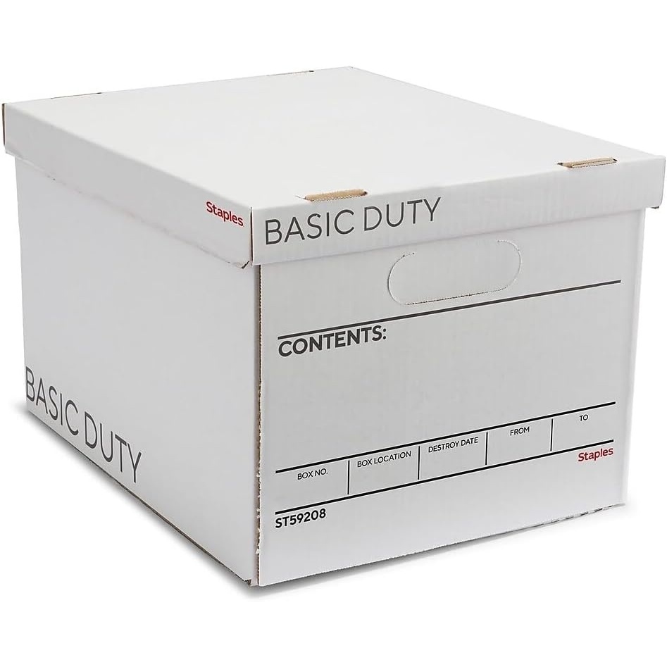 image:imageSTAPLES Storage amp Filing Box HeavyDuty with Handles amp Removable Lid Letter amp Legal Size Documents Stackable 4Pack WhiteGray10 Pack