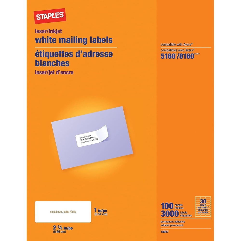 image:imageStaples 1 x 258 Address Labels White EasyPeel Printable Laser amp Inkjet Mailing Labels 30 Labels per Sheet 100Pack3 000 Labels