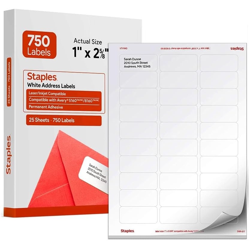 image:imageStaples 1 x 258 Address Labels White EasyPeel Printable Laser amp Inkjet Mailing Labels 30 Labels per Sheet 100Pack750 Labels