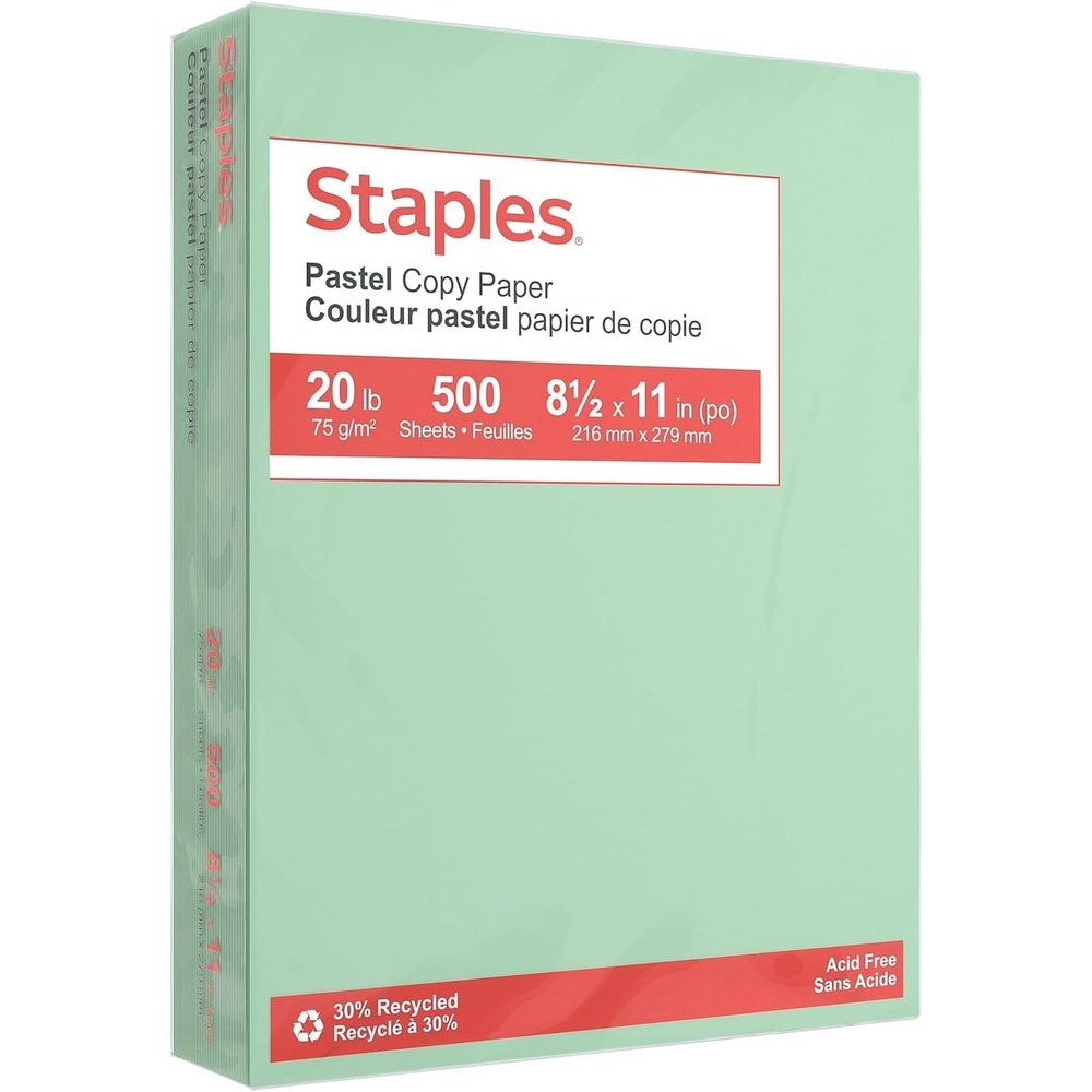 image:imageStaples 30 Recycled 85 x 11 Inch 20 lbs 500Sheets Pack Blue For Office School amp HomeGreen