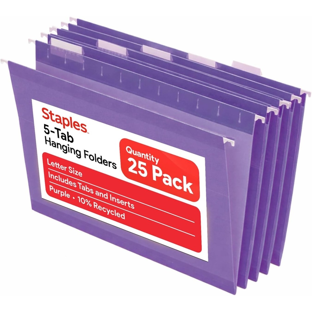 image:imageStaples Hanging File Folders Letter Size Purple 15Cut Tabs TearResistant Includes Tabs amp Inserts 25PackPurple