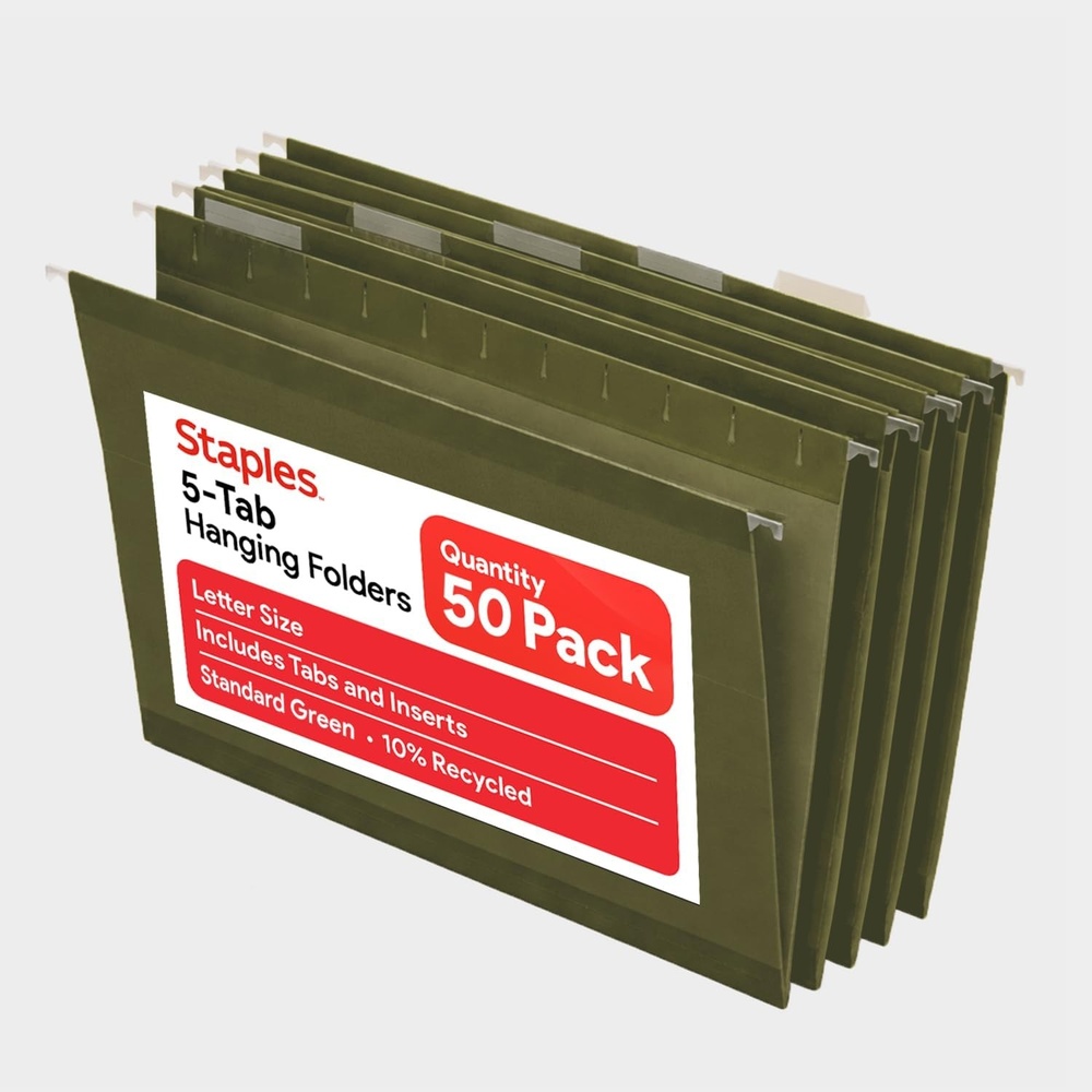 image:imageStaples Hanging File Folders Letter Size Purple 15Cut Tabs TearResistant Includes Tabs amp Inserts 25PackStandard Green