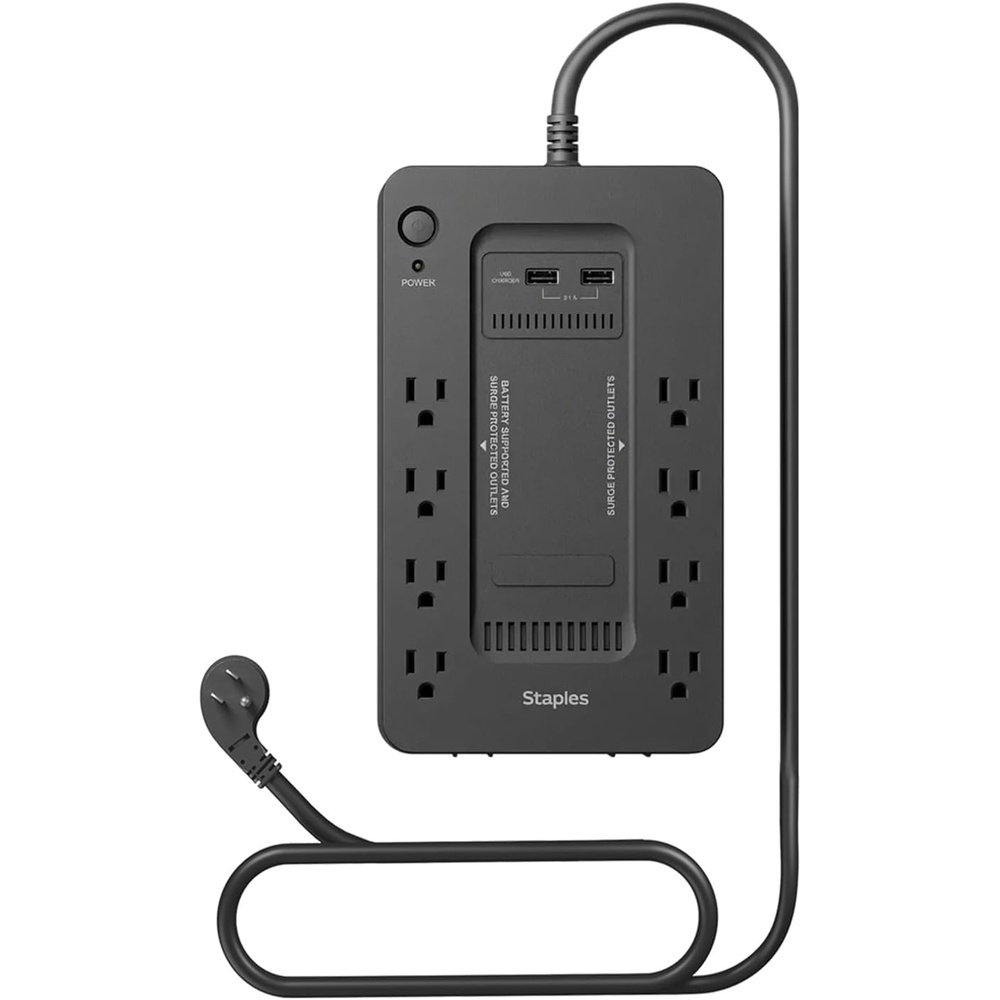 image:imageStaples TECH 650VA UPS Battery Backup with 8 Outlets Standby Power Supply amp Surge Protection for Computers Routers amp Home Office Electronics Black
