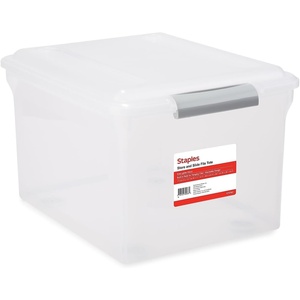 image:imageSTAPLES File Folder Tote Portable Filing Box for Letter SIze Hanging Folders Security Latch amp BuiltIn Lid Organizer BlackClearClear