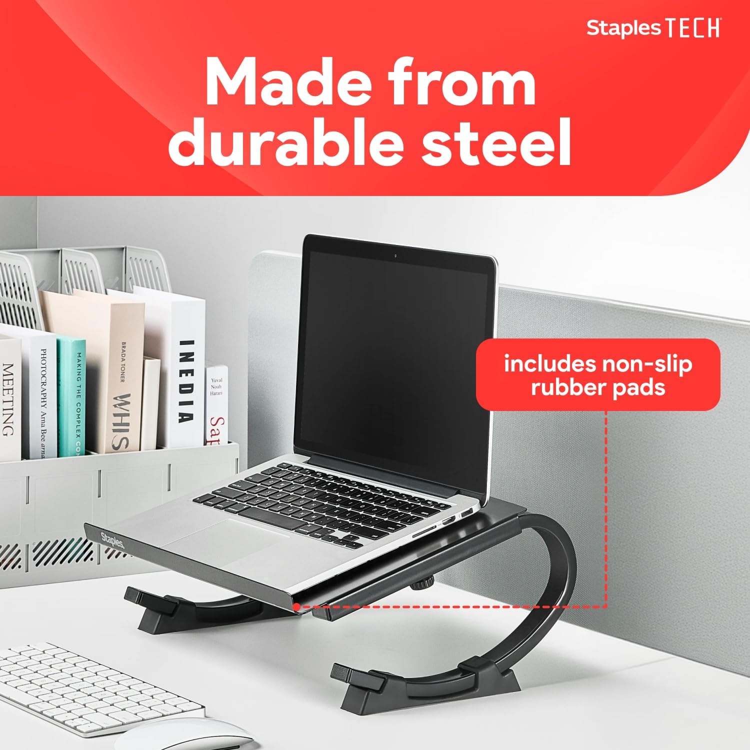 image:imageSTAPLES Adjustable Steel Laptop Stand Ergonomic Curved Desktop Riser for Laptops amp Notebooks