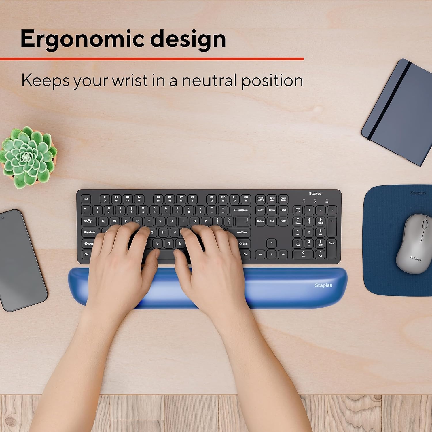 image:imageSTAPLES Gel Keyboard Wrist Rest Ergonomic NonSlip Wrist Support Cushion for Comfortable Typing Durable GelFilled Design Black CrystalBlue
