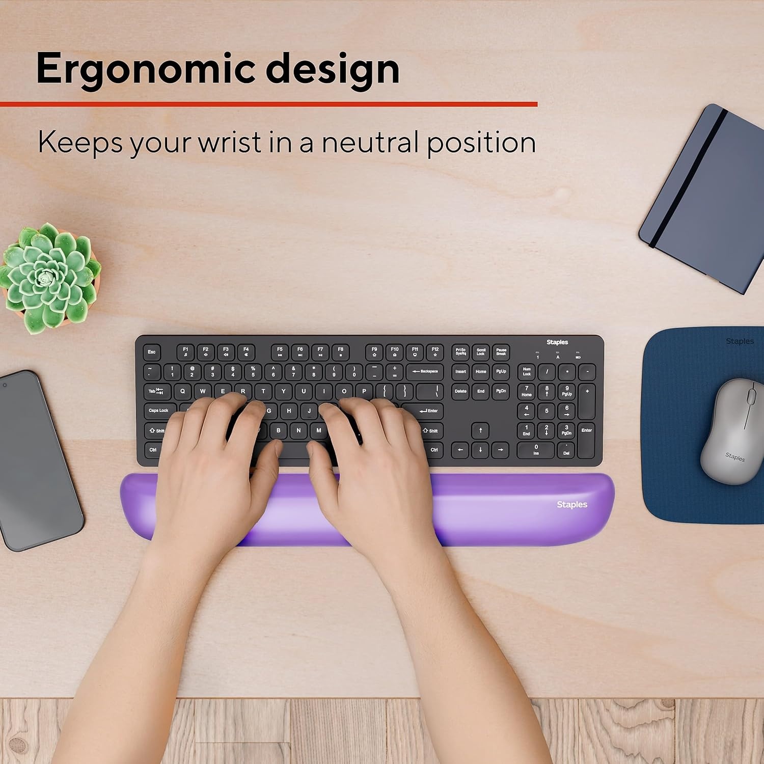 image:imageSTAPLES Gel Keyboard Wrist Rest Ergonomic NonSlip Wrist Support Cushion for Comfortable Typing Durable GelFilled Design Black CrystalPurple