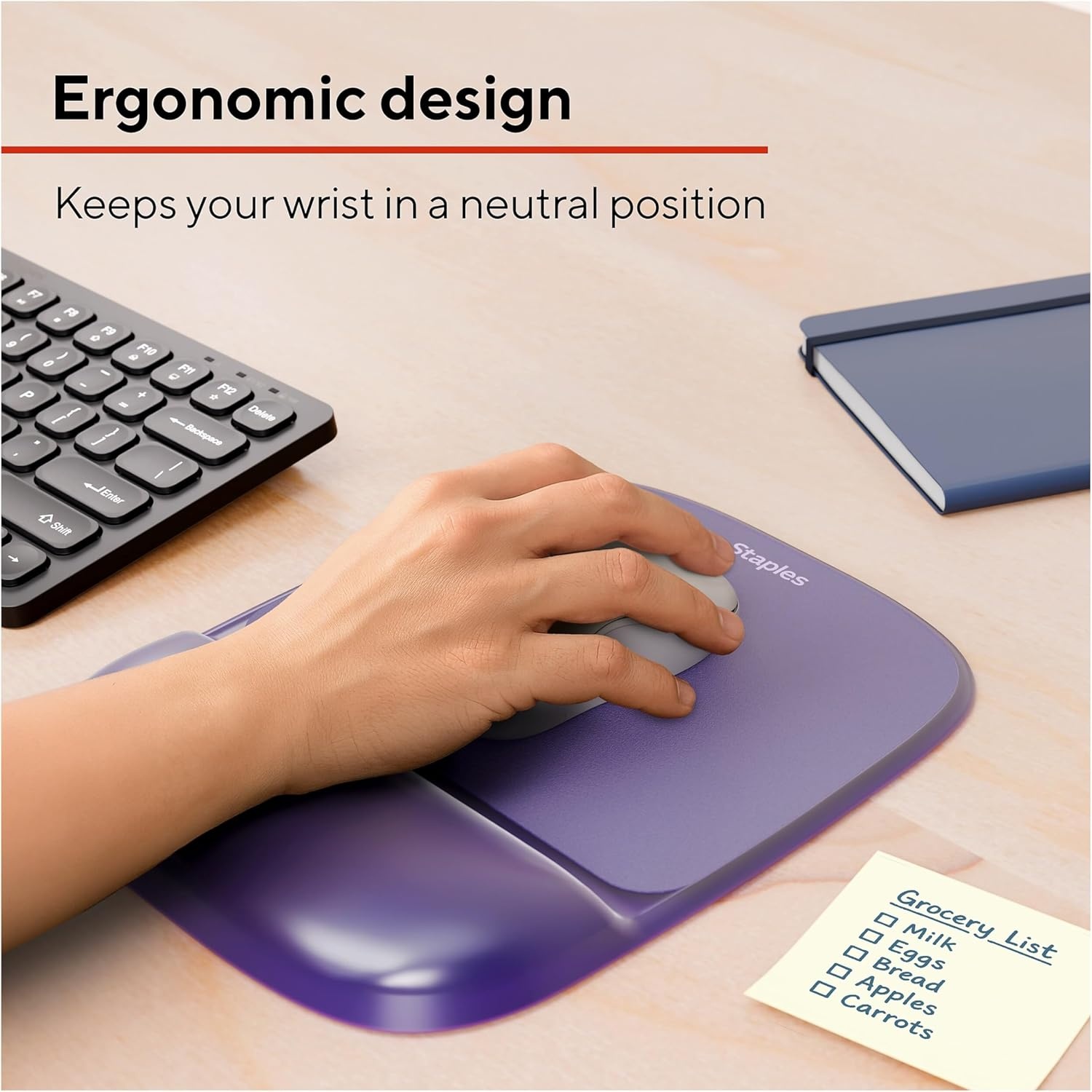 image:imageSTAPLES Mouse Pad with Gel Wrist Rest Ergonomic NonSlip Base Soft Wrist Support for Comfortable Typing amp Precise Mouse Control Black CrystalPurple