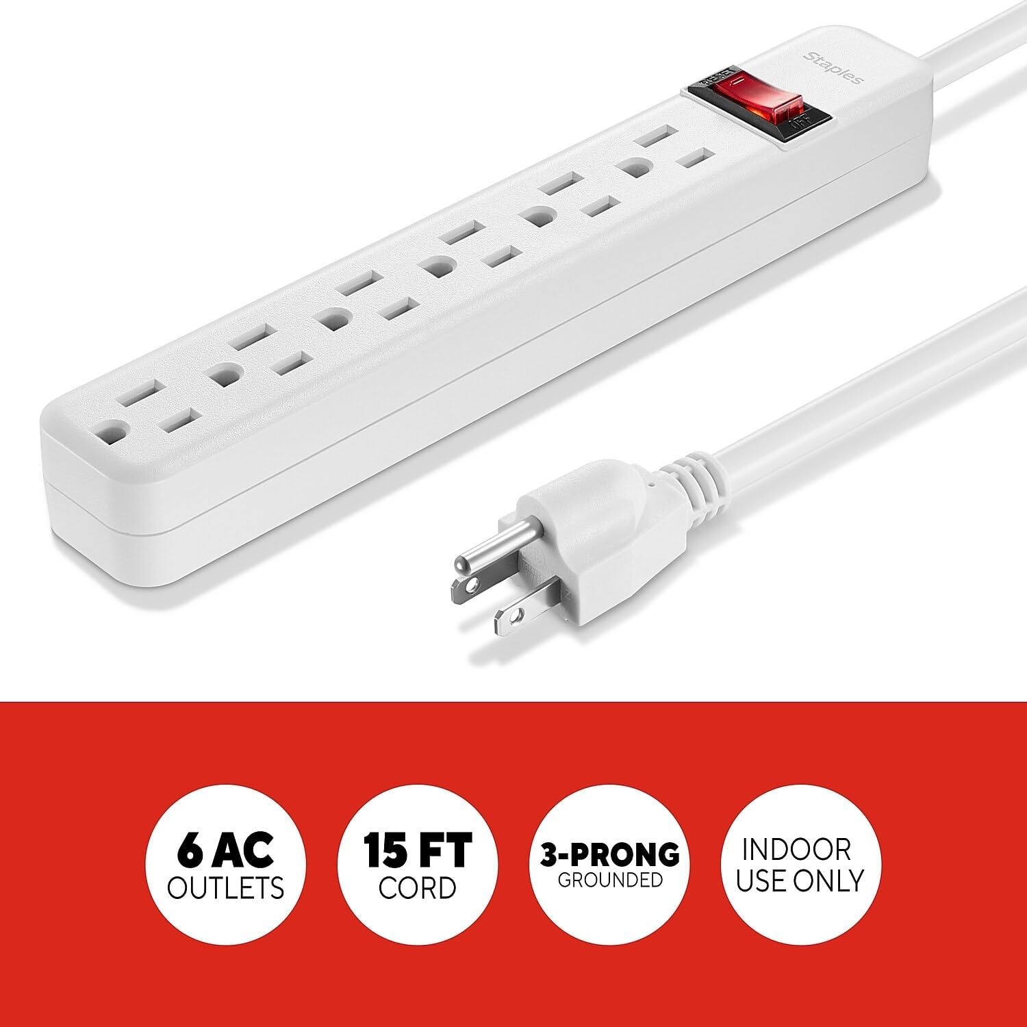 image:imageStaples TECH 6Outlet Power Strip 3 ft Extension Cord for Home Office amp Dorm Room Use White 3Pack1 Pack