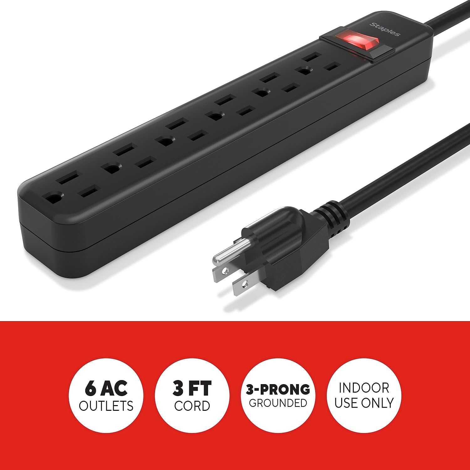 image:imageStaples TECH 6Outlet Power Strip 3 ft Extension Cord for Home Office amp Dorm Room Use White 3Pack1 Pack