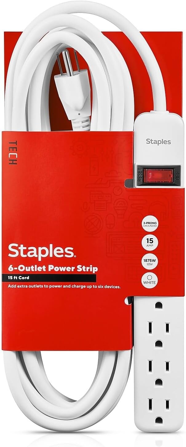 image:imageStaples TECH 6Outlet Power Strip 3 ft Extension Cord for Home Office amp Dorm Room Use White 3Pack1 Pack