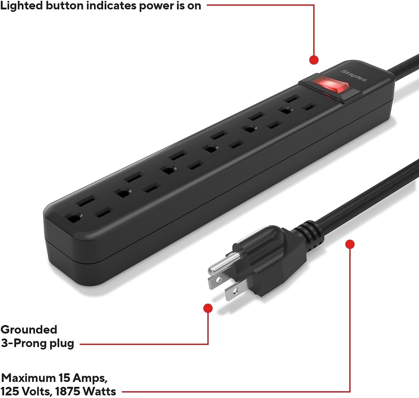 image:imageStaples TECH 6Outlet Power Strip 3 ft Extension Cord for Home Office amp Dorm Room Use White 3Pack1 Pack