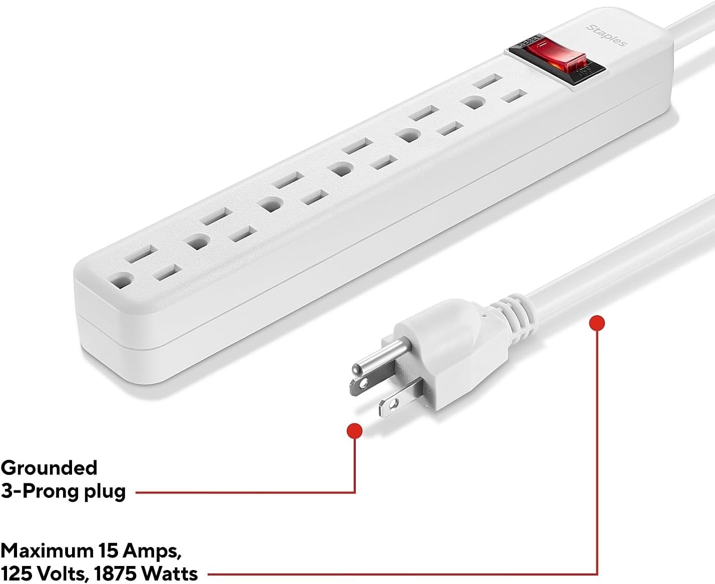 image:imageStaples TECH 6Outlet Power Strip 3 ft Extension Cord for Home Office amp Dorm Room Use White 3Pack1 Pack