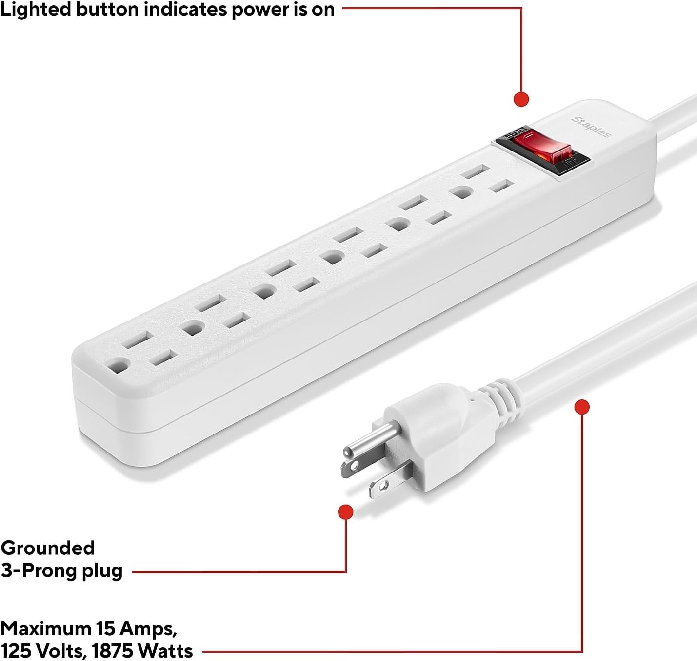 image:imageStaples TECH 6Outlet Power Strip 3 ft Extension Cord for Home Office amp Dorm Room Use White 3Pack2 Pack