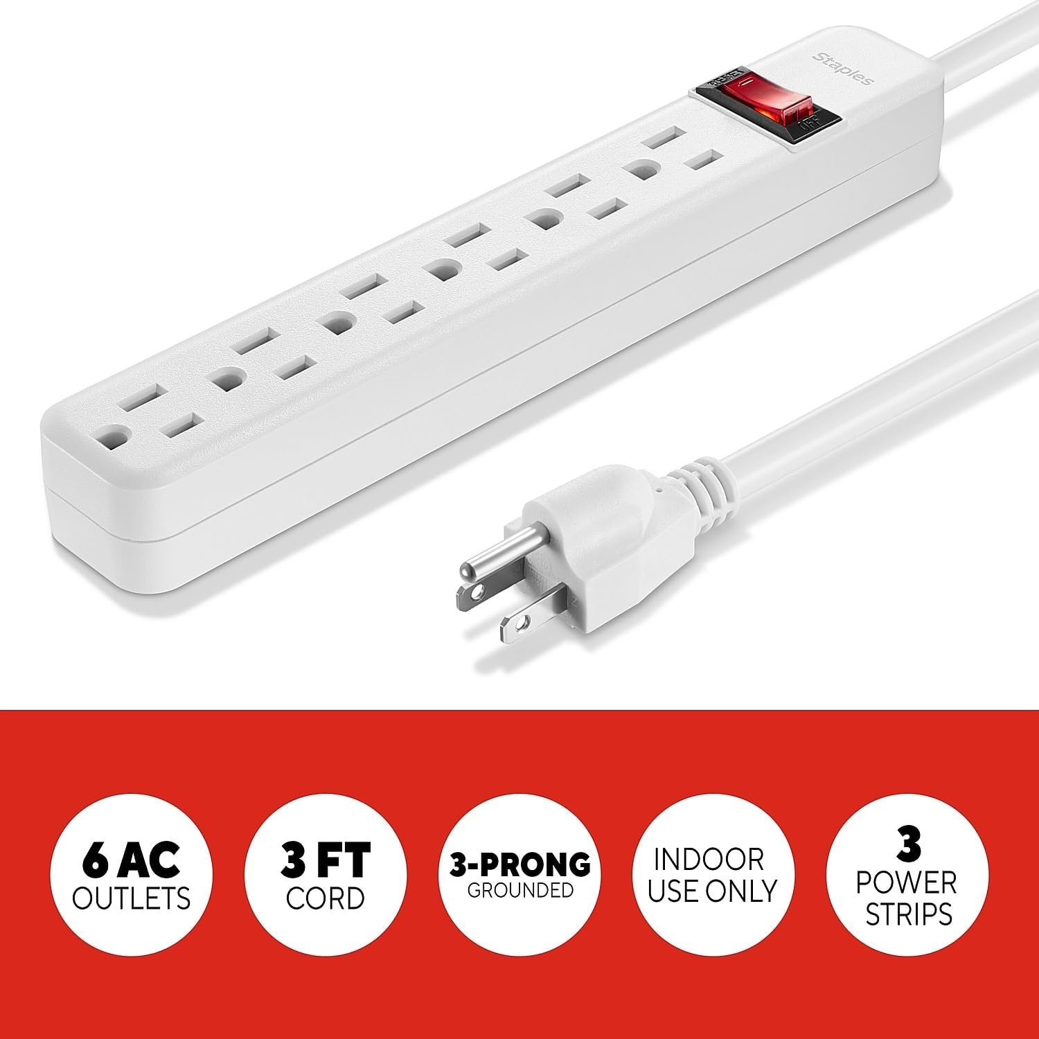 image:imageStaples TECH 6Outlet Power Strip 3 ft Extension Cord for Home Office amp Dorm Room Use White 3Pack3 Pack