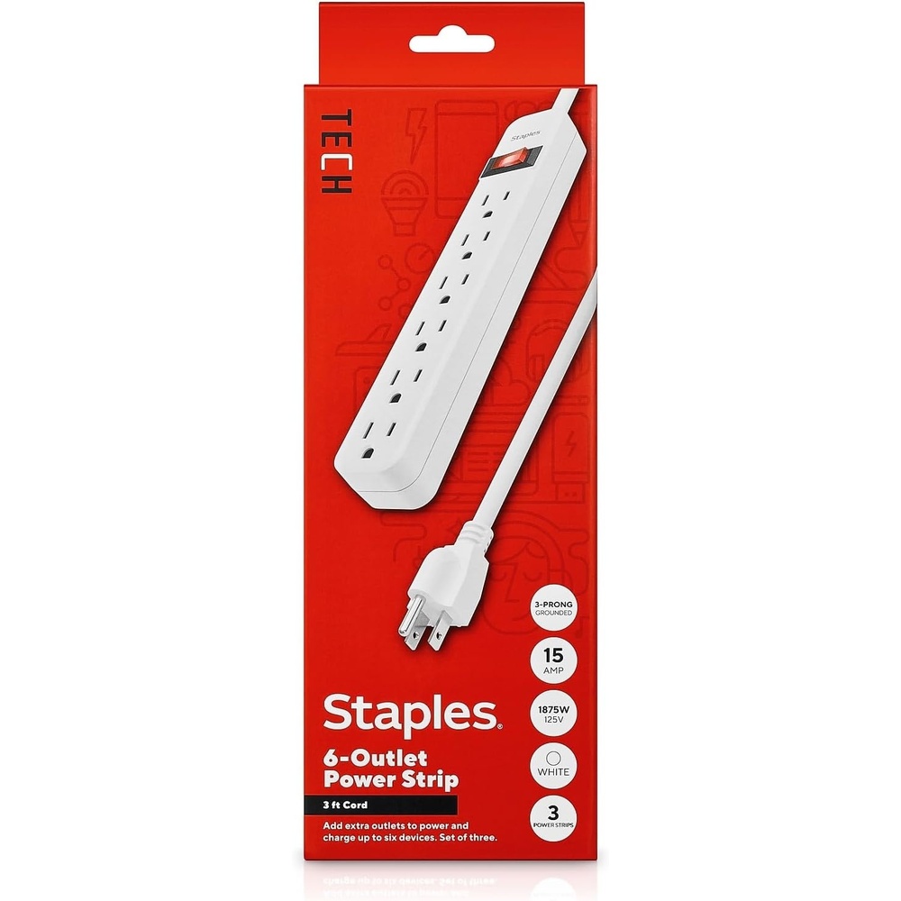 image:imageStaples TECH 6Outlet Power Strip 3 ft Extension Cord for Home Office amp Dorm Room Use White 3Pack3 Pack