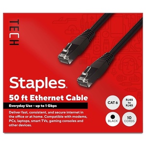 image:imageStaples TECH Cat6 Ethernet Cable  50 ft RJ45 MaletoMale Network Patch Cable Black 10Pack