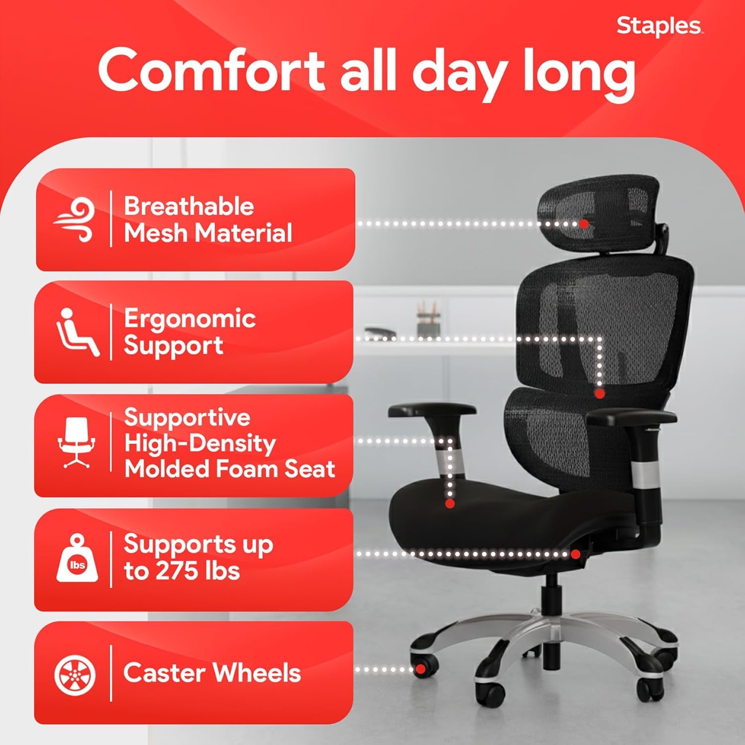 image:imageSTAPLES Ergonomic Task Chair Mesh Ergonomic Lumbar Support Swivel GrayBlack