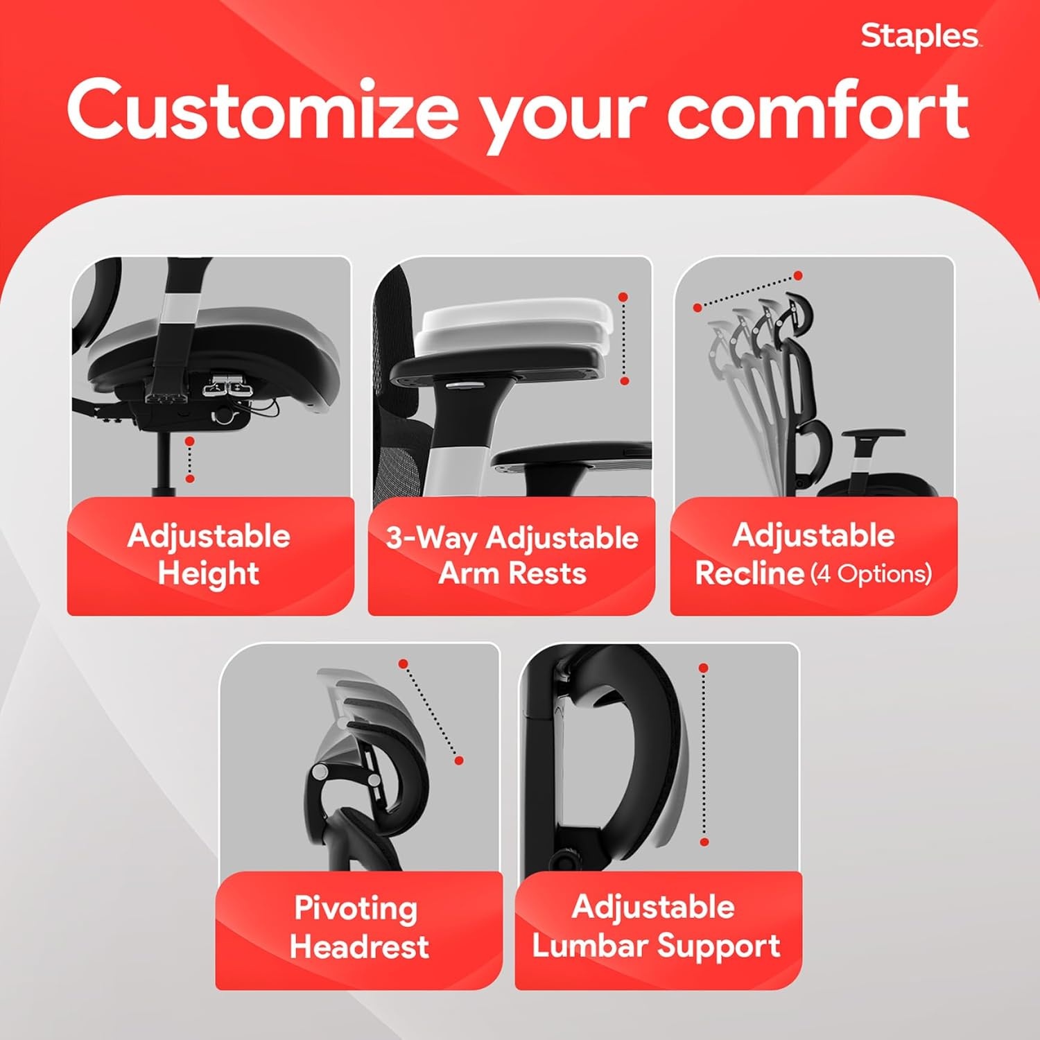 image:imageSTAPLES Ergonomic Task Chair Mesh Ergonomic Lumbar Support Swivel GrayBlack