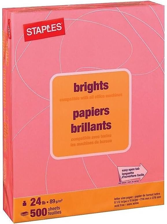 image:imageStaples Brights 24 lb Colored Paper Light Yellow 500Ream For Office School amp HomePink