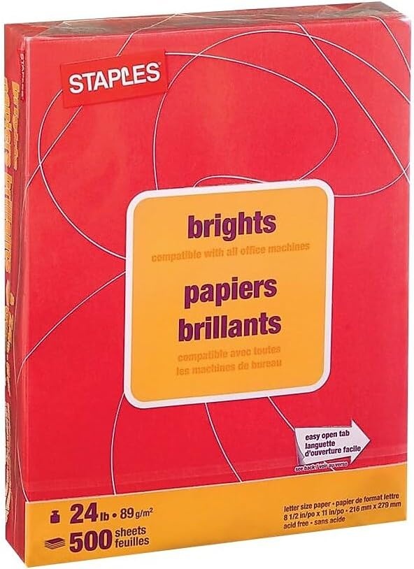 image:imageStaples Brights 24 lb Colored Paper Light Yellow 500Ream For Office School amp HomeRed